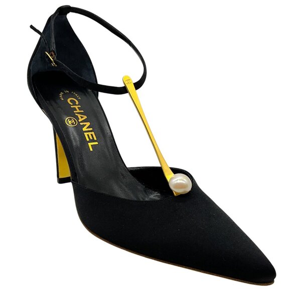 Chanel Vintage Black Satin Gold T Strap Pumps with Pearl - Picture 1 of 6